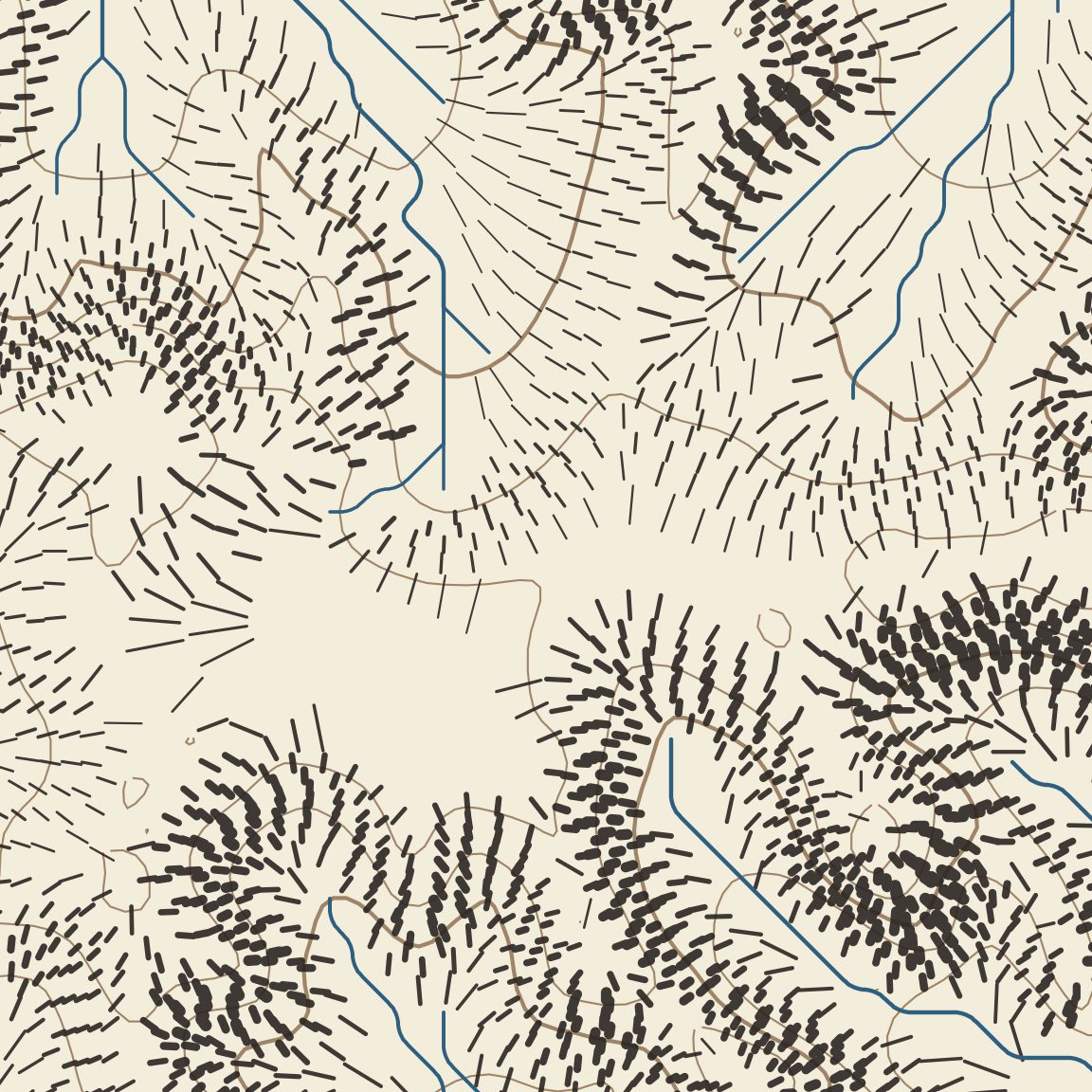 Close-up of the final sheet: heavy, blunt hachure strokes on steep slopes, thin strokes on gentle slopes, brown contours and blue rivers with straight diagonal segments