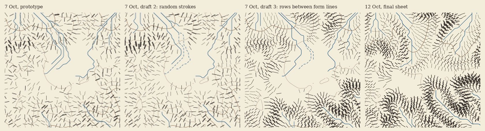 The same small area of the island in four versions: a prototype and a second draft with scattered strokes, a third draft with strokes in rows between form lines, and the final sheet