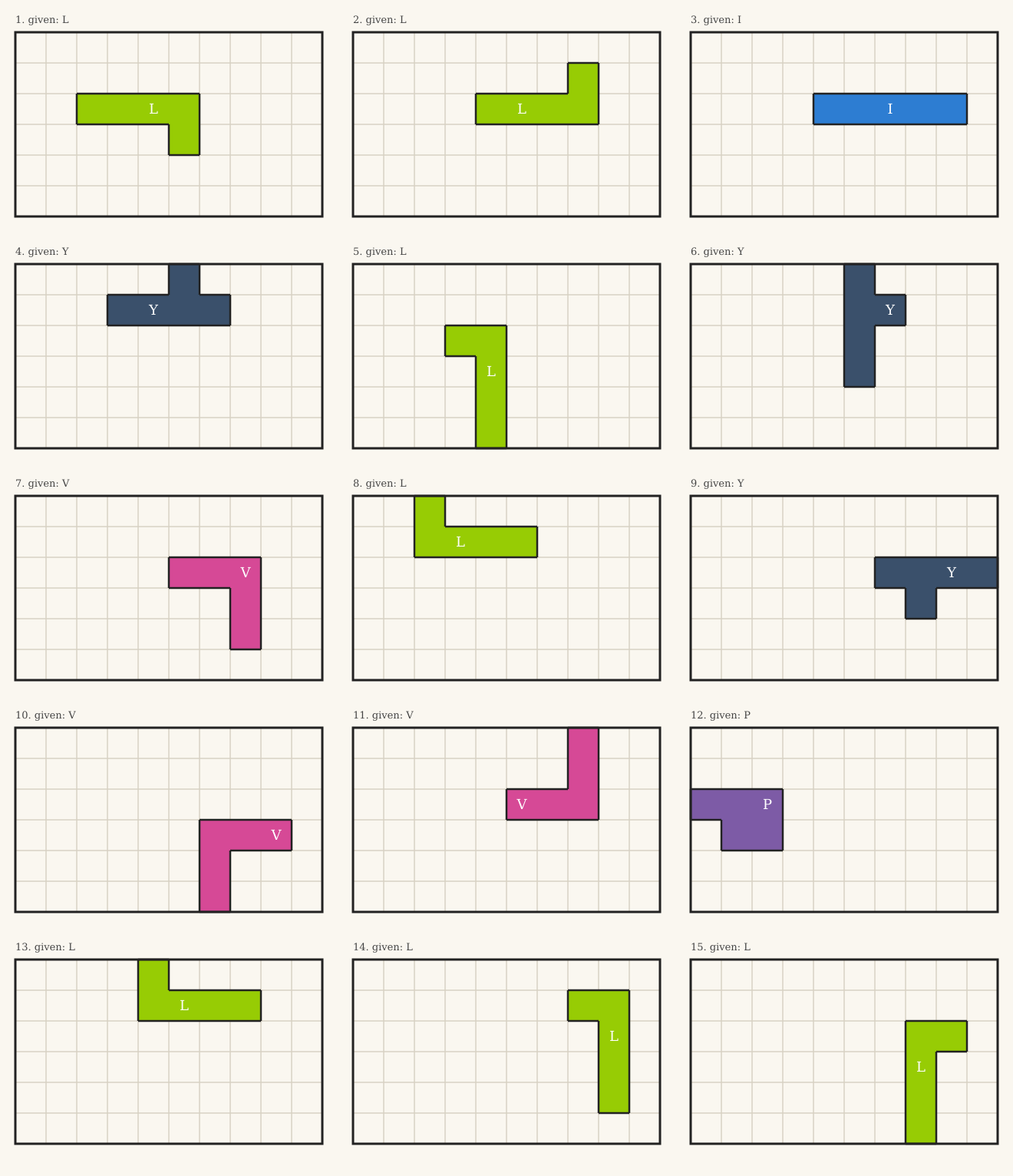 Fifteen empty 6 by 10 boxes, each with a single pentomino drawn in colour: the given piece that forces the whole tiling. Captions give the puzzle number and the given piece: L, Y, V, I or P.