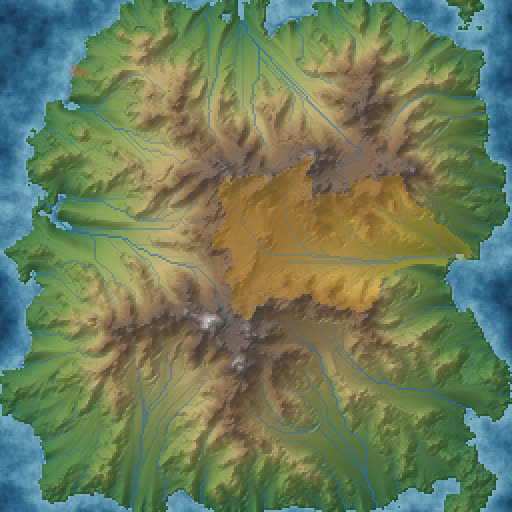 The Watershed island after 33 hourly ticks, with one orange basin